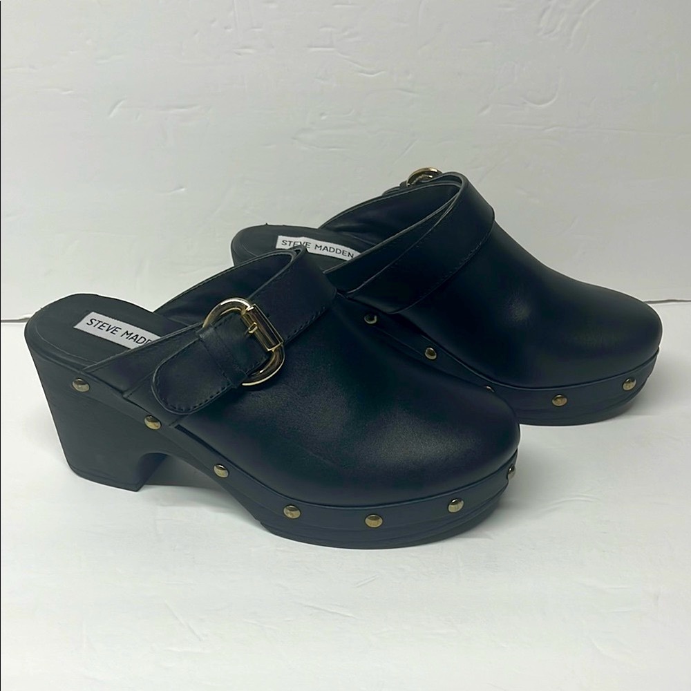 Steve Madden Black Leather Clogs with Gold Buckle